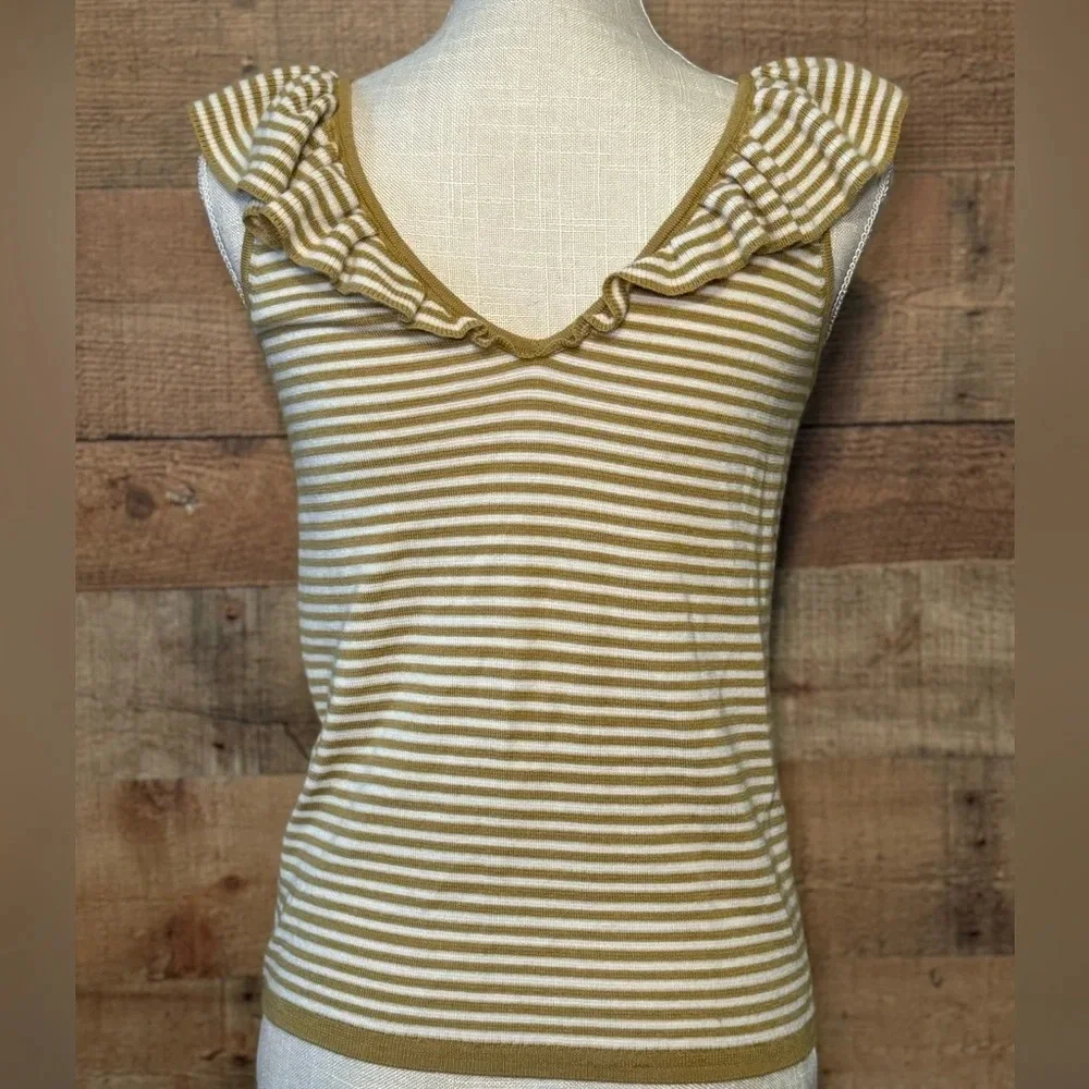 🌻 Madewell Belhaven Ruffle Sweater Tank sz Small Cream Camel Stripe Merino Wool